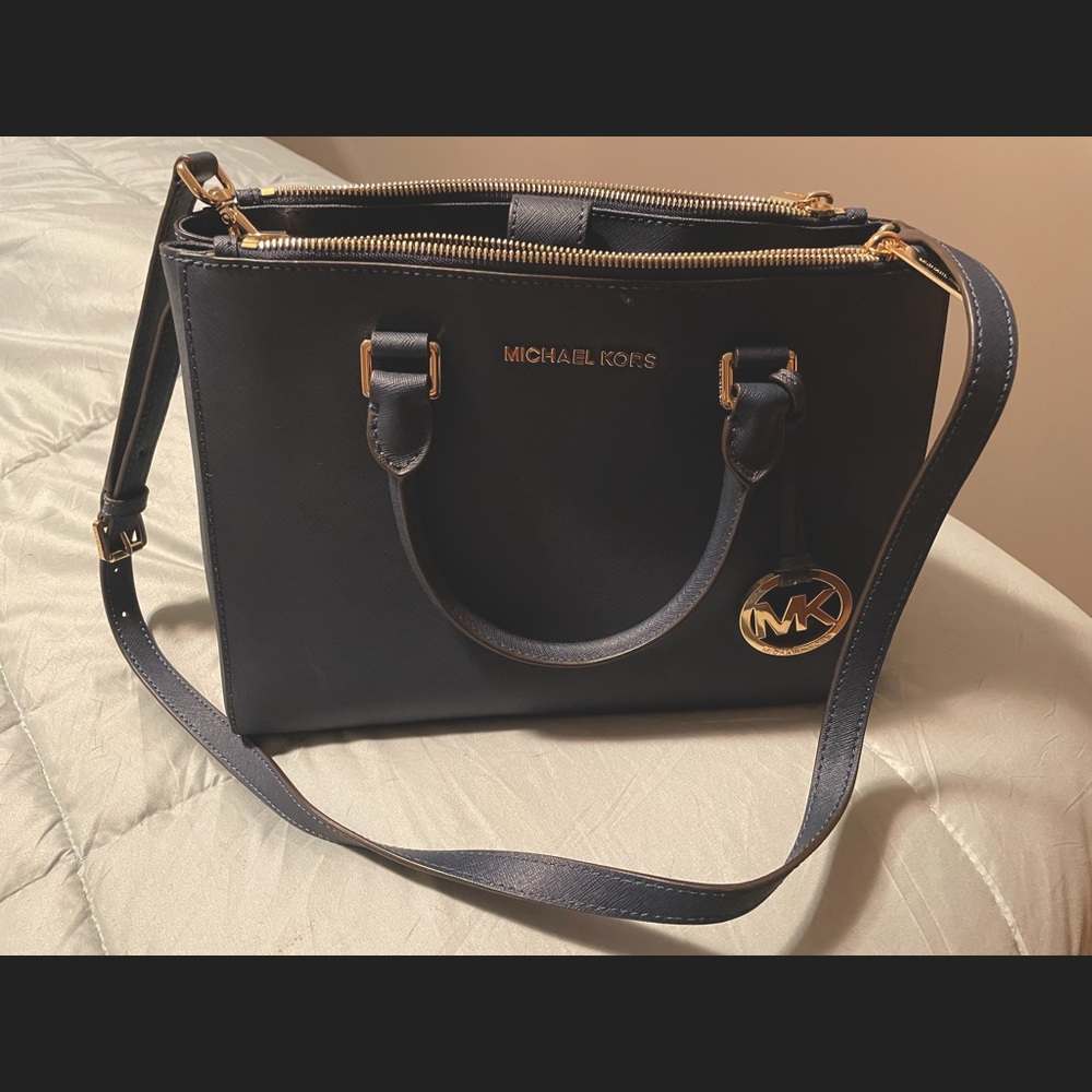 Michael Kors navy blue satchel with gold details